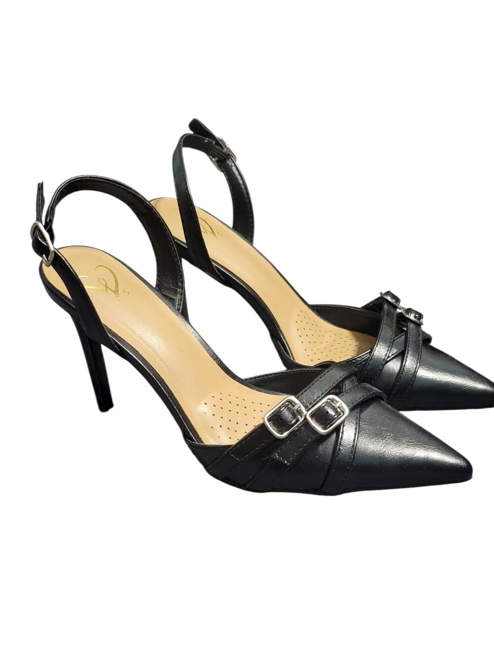 Like New Black Strappy Buckle Pointed Toe Slingback Heels